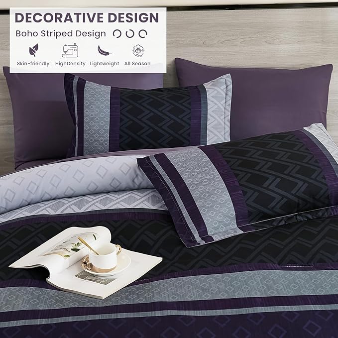 Cottolester King Comforter Set 7 Pieces,Black Purple Boho Striped Bed in a Bag,Soft Microfiber Complete Bedding Sets