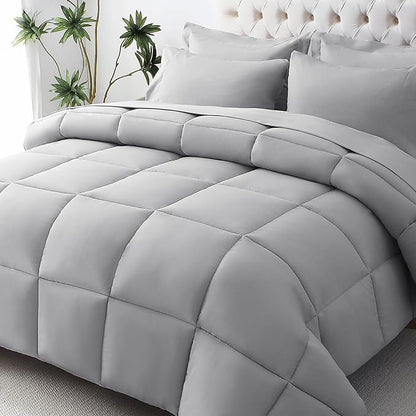 JOLLYVOGUE Full Comforter Set, Ultra-Soft Bed in a Bag Full Size 7 Pieces, Oeko-TEX Certified Bedding Set with Down Alternative Comforter, Sheets, Pillowcases & Shams, Light Grey