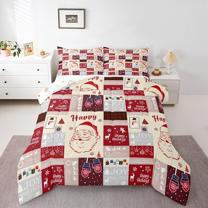 Christmas Santa Claus Comforter Set,Cute Red Geometric Grid Patchwork Bedding Set Kids Girls Boys Room Decor,Cartoon Xmas Deer Snowflake Bells Quilt Set Happy New Year Duvet Insert King Size