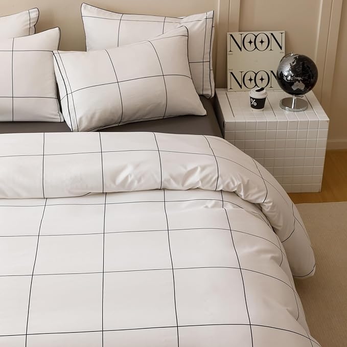 KAREVER White Grid Comforter Full Women Black Square Lines Checkered Bedding Set Full White Plaid Comforter Full Size
