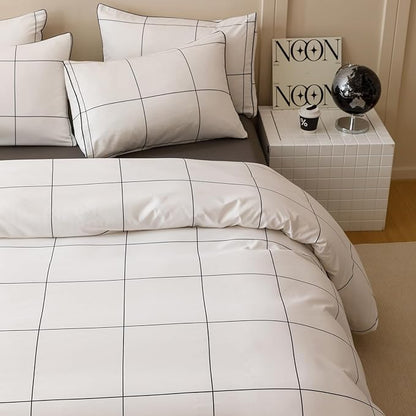 KAREVER White Grid Comforter Twin Boys Grils Black Square Lines Checkered Bedding Set Twin White Plaid Comforter Twin Size