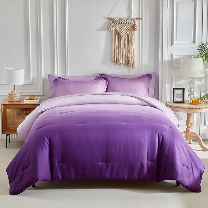 Purple and Lilac Gradient Comforter Set King Size 7 Pieces Elegant Ombre Bed in a Bag - Reversible All Season Bedding Set with Comforter, Flat Sheet, Fitted Sheet, 2 Pillowcases & 2 Pillow Shams