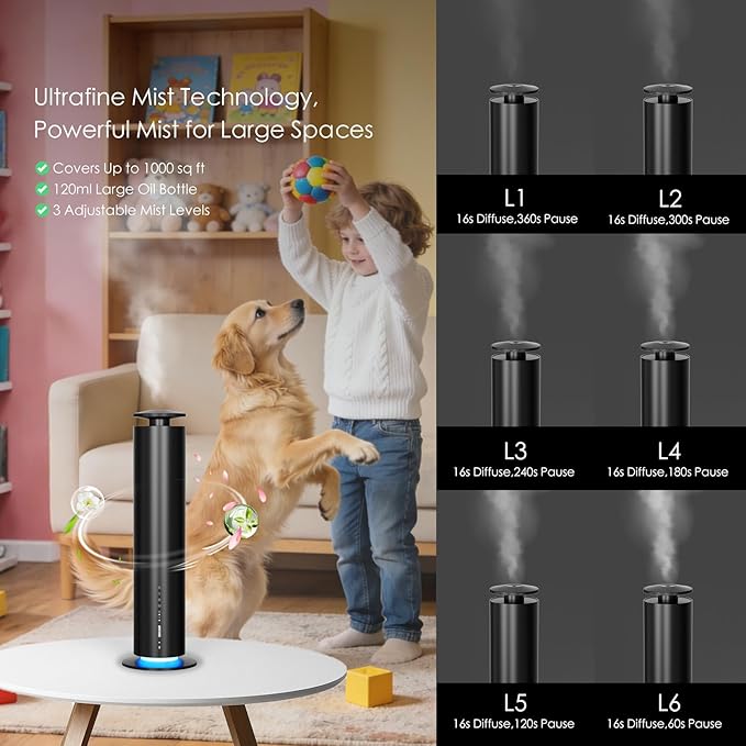 Waterless Essential Oil Diffuser, Long Lasting Aromatherapy Scent Diffuser for Home with Light Mode, 1000 Sq. Ft Coverage Quiet Oil Diffusers for Bedroom Safe for Kids&Pets, Black