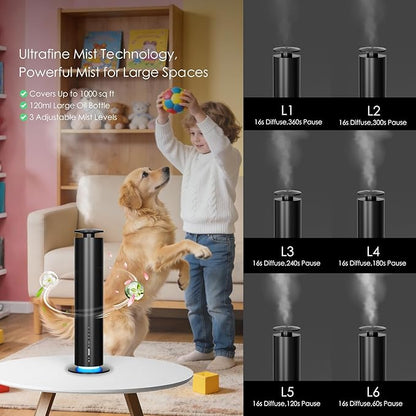 Waterless Essential Oil Diffuser, Long Lasting Aromatherapy Scent Diffuser for Home with Light Mode, 1000 Sq. Ft Coverage Quiet Oil Diffusers for Bedroom Safe for Kids&Pets, Black