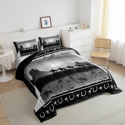 Feelyou Grey Western Decor Comforter Full Size Wild Western Cowboy Comforter Set for Boys Girls Children Horse Setting Sun Glitter Bedding Set Room Decor Horseshoes West Texas Star Duvet Set 3Pcs
