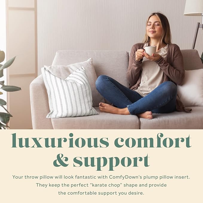 ComfyDown Set of Two 22X22 Decorative Throw Pillow Insert, Down and Feathers Fill, 100% Cotton Cover 233 Thread Count, Square Pillow Insert - Made in USA