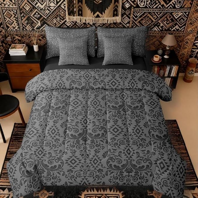 Comforter Set Twin Size, Black Damask Aztec 7 Pcs Bedding for Kids and Adults, Antique Decor Western Baroque Gothic Bed Sheet Sets with Fitted Sheet 2 Pillowcases & 2 Shams for Bedroom Bed Decor