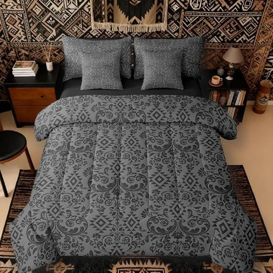 Comforter Set Twin Size, Black Damask Aztec 7 Pcs Bedding for Kids and Adults, Antique Decor Western Baroque Gothic Bed Sheet Sets with Fitted Sheet 2 Pillowcases & 2 Shams for Bedroom Bed Decor