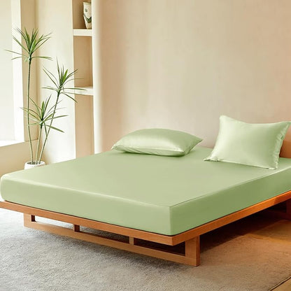 THXSILK Luxury Mulberry Silk Fitted Sheet Set 3 Pcs, Full Silk Bed Sheet Set with 16" Deep Pockets, Soft & Cooling Sheets, 1 Fitted Sheet, 2 Pillowcases with Zipper Closure - Mint Green