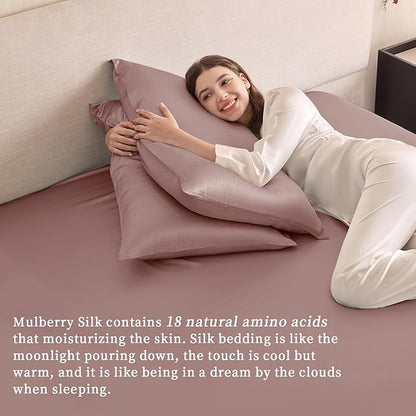 THXSILK 6A+ Top Grade 100% Pure Mulberry Silk Full Fitted Sheet 3Pcs Set Bed Sheets Luxury Bedding for Hair and Skin Breathable Cooling Natural Materials, 1 Fitted Sheet with 2 Pillowcases, Purple