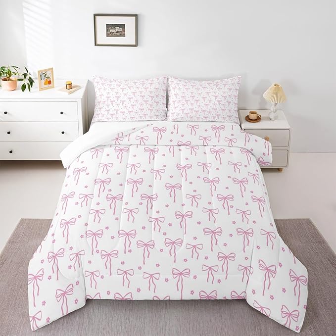 Castle Fairy Bow Print Comforter Set Twin Size,Pink Bow Bedding Sets 2Pcs for Kids Girls Boys Room Decor,Flower Floral Duvet Insert Princess Pink Quilted Duvet,1 Pillowcase