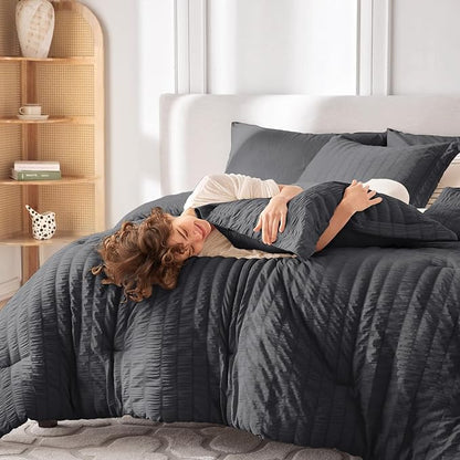 MUXHOMO 7 Pieces King Comforter Set, Seersucker Bed in a Bag King Size, All Season Luxury Bedding Set with Comforter, Flat Sheet, Fitted Sheet, Pillowcases & Shams, Dark Grey