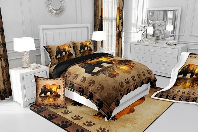 Feelyou Bear Comforter Set Twin Size Farmhouse Wild Animal Comforter Retro Rustic Woodland Bedding Set for Kids Boys Girls Brown Bear Paws Print Duvet Set Rustic Bedroom Decor Quilted Set 2Pcs