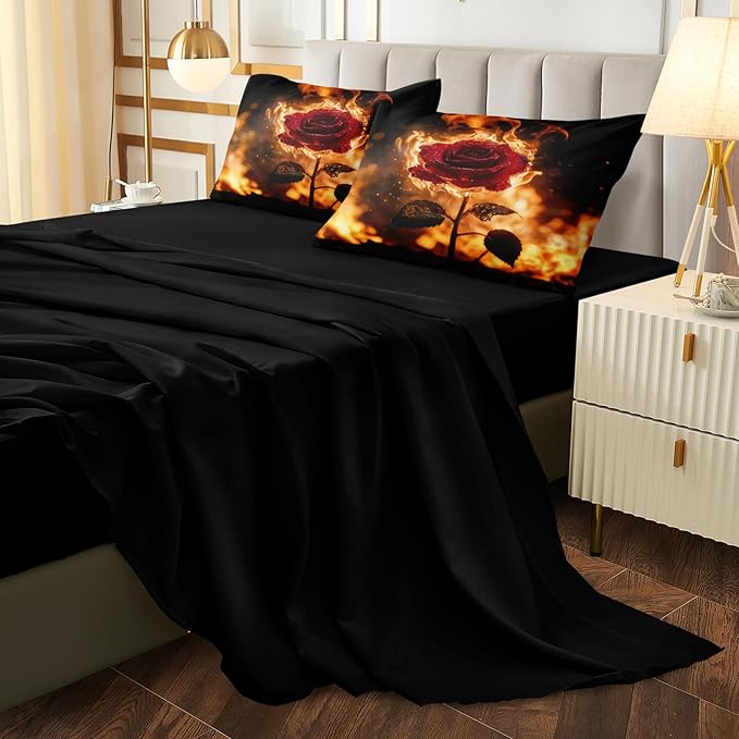 Black Red Comforter Set Fire Rose Romantic Bedding Set Red Rose Flower Floral Orange Flame Bedding Love Couple Comforter Black King Bed in A Bag