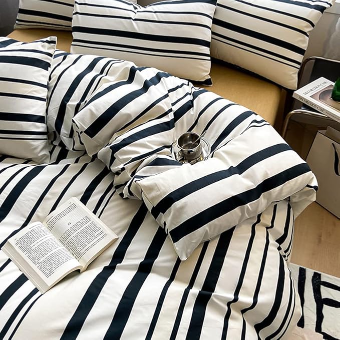 CLOTHKNOW Striped Comforter Sets California King 3Pcs Black White Beige Bedding Comforter Sets White Stripes Comforter Beige Bedding Sets