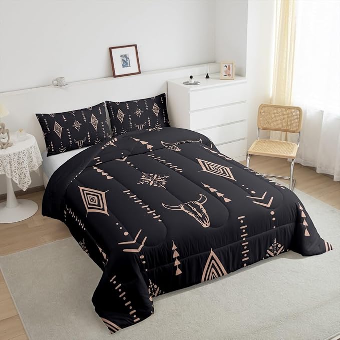 Erosebridal Bull Skull Comforter Set Full Boho Bedding Ethnic Horns Bedding Comforter Sets Black Brown Tribal Symbol Mysterious Aztec Room Decor Abstract Geometric Duvet Insert for Men Boys