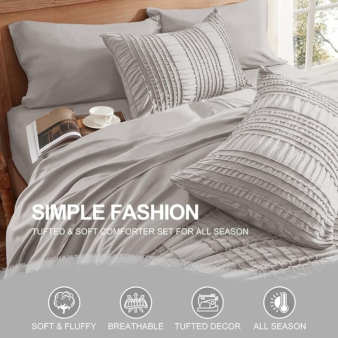 Grey Tufted Comforter Set King Size 7 Piece Bed in a Bag，Shabby Chic Boho Bedding for Bedroom Comforter，All Season Soft Microfiber Ruffle Comforter Set with Pillow and Sheets