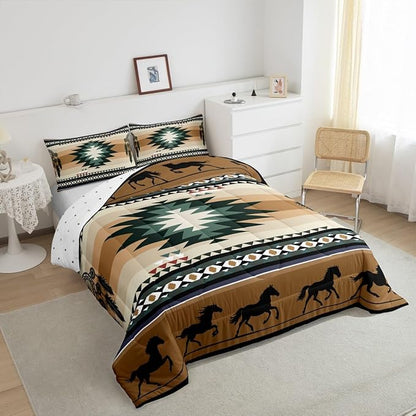 Feelyou Rustic Western Bedding Set Queen Size Kids Brown Southwestern Aztec Comforter for Boys Girls Teens Western Horse Comforter Set Soft Microfiber Boho Geometric Room Decor