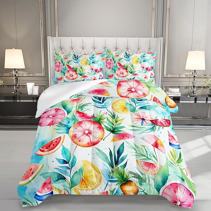 Tropical Fruit Comforter Set 3 Pcs Bedding Set Full Size for Girls,Summer Plant Leaf Watermelon Pineapple Printed Beddind Set Quilts Set Lightweight Soft Microfiber Warm All Season With 2 pillowcases