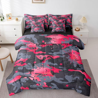 Erosebridal Graffiti King Comforter Set Camouflage 7-Piece Bed in A Bag Ombre Statrs Camo Watercolor Grunge Sheets and Pillowcases Grey Pink Bed Sets
