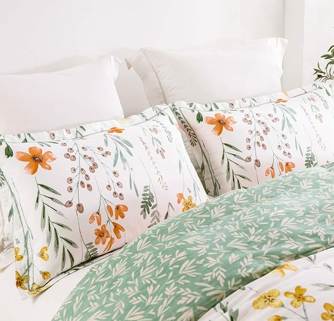 SLEEPBELLA Twin Size Comforter Set Yellow Flowers & Green Botanical Pattern Printed on White 100% Cotton Fabric, Ultra Soft Microfiber Inner Fill 2Pcs Bedding Set
