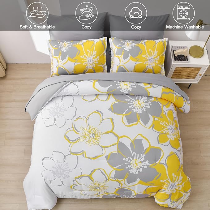 Anibedding 7 Pieces Yellow Floral Comforter Set Queen Size, Reversible Bed in a Bag with Sheets Set All Season, Soft Microfiber Flower Pattern Complete Duvet Bedding Set (Queen, 90"x90")