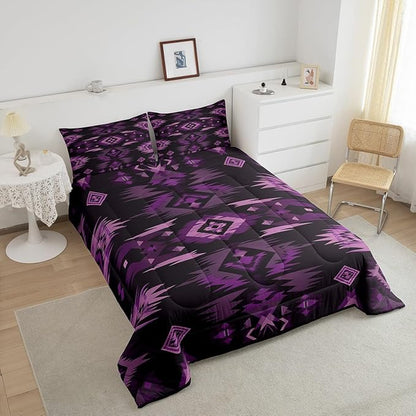 Feelyou Purple Black Southwestern Comforter Set,Geometric Tribal Native American Indian Bedding Set Queen Size,Adult Bedroom Room Decor,Vinatge Exotic Style Stripe Line Comforter,Bed Set