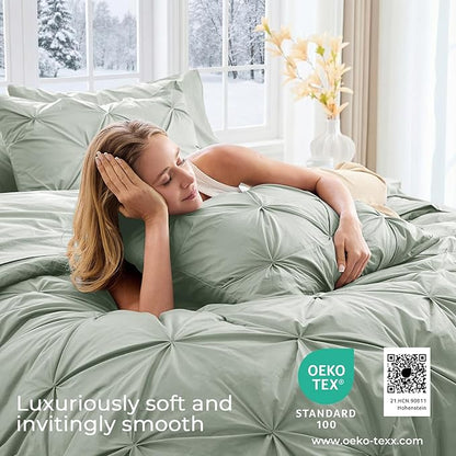 Sasttie California King Comforter Set, 7-Piece Bed in a Bag Cal King, Pintuck Bedding Set for All Season, Includes Comforter, Flat Sheet, Fitted Sheet, Pillowcases and Pillowshams, Sage Grey