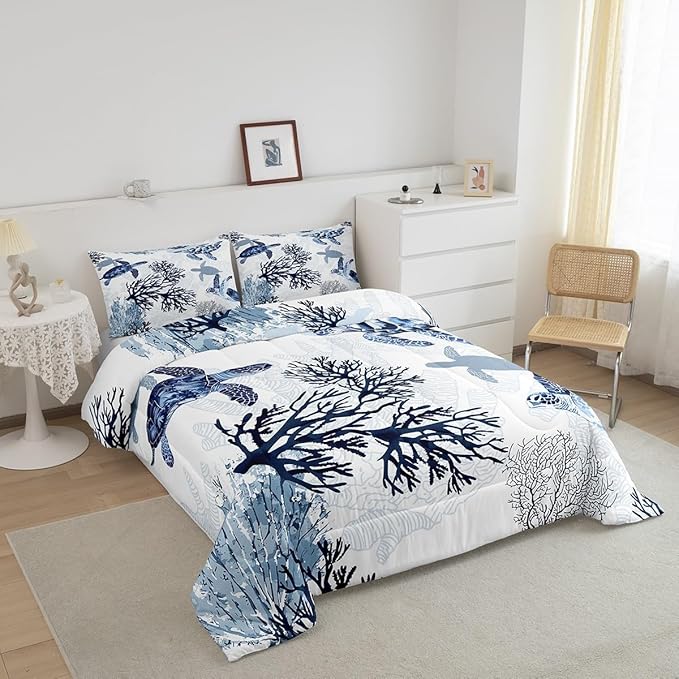 Erosebridal Turtle Comforter Set Twin White Blue Sea Turtle Bedding Set for Kids,Reptile Coastal Tortoise Quilt Hawaiian Ocean Beach Theme Comforter for Boys Girls Room