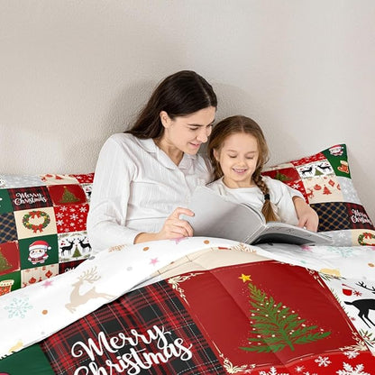 Merry Christmas Comforter Set Twin Size,Xmas Deer Santa Claus Pine Tree Bedding Set for Kids Girls Boys Red Green Grid Patchwork Plaid Quilt Set Winter Snowflake Duvet Insert,1 Pillowcase