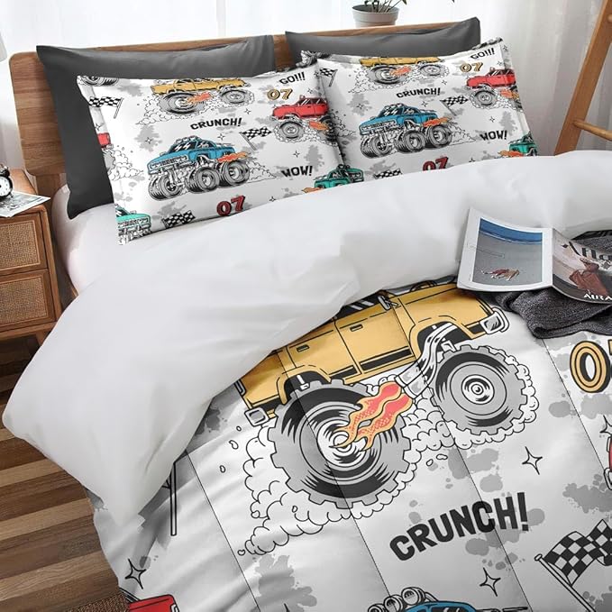 Trucks Car Race Comforter Set for Boys Kids Toddlers Teens Adults Twin, Cool Vehicle Wheel Bedding Sets Water Washed Microfiber Bedding with 1 Comforter 1 Pillowcase All Season