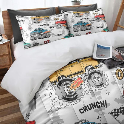 Trucks Car Race Comforter Set for Boys Kids Toddlers Teens Adults King, Cool Vehicle Wheel Bedding Sets Water Washed Microfiber Bedding with 1 Comforter 2 Pillowcase All Season