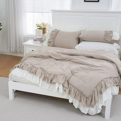 Bedding_Dreamer Boho Comforter Set Queen Size Farmhouse Comforter Shabby Chic 2 Layers Ruffles Decor Ultra Soft Washed Microfiber Taupe Bed Comforter Set 1 Comforter 2 Pillowcases (Taupe, Queen)…