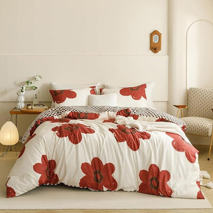 CLOTHKNOW Rust Sunflower Comforter Set Twin/Twin XL Caramel Beige Floral Bedding Comforter Sets Brown Plaid Comforter Twin Botanical Boho Comforter Bedding Sets