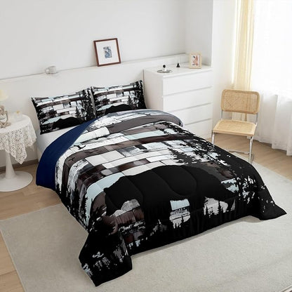 Feelyou Bear Print Bedding Set Wild Animal Comforter Set for Kids Boys Girls Hunting Theme Comforter Pine Trees Retro Quilt Set Bedroom Collection 3Pcs King Size