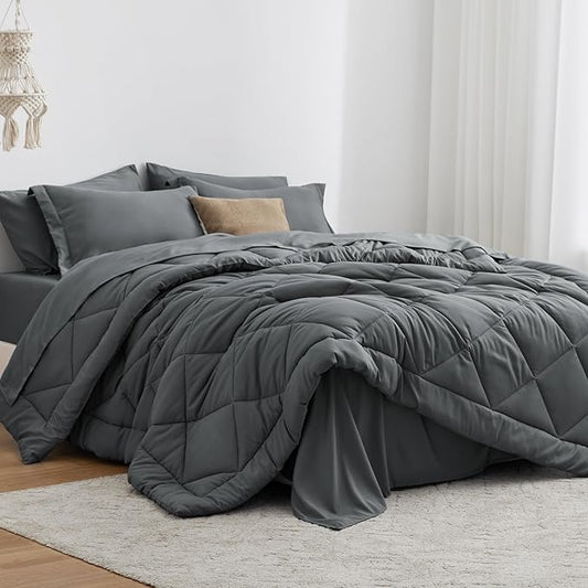 Love's cabin Twin Comforter Set Dark Grey, 5 Pieces Twin Bed in a Bag, All Season Bedding Sets with 1 Comforter, 1 Flat Sheet, 1 Fitted Sheet, 1 Pillowcase and 1 Pillow Sham