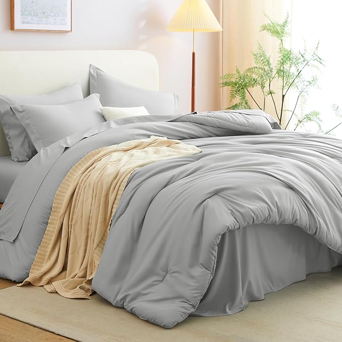 CozyLux Full Size Comforter Set Light Grey, 7 Pieces Bed in a Bag Full Comforter Set with Sheets, Bedding Set with Down Alternative Comforter, Fitted Sheet, Flat Sheet, Pillow Shams and Pillowcases