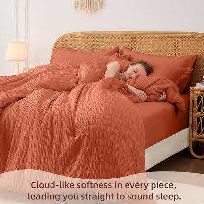 FUANNA Full Size Comforter Sets 7 Pieces, Luxury Seersucker Bed in a Bag Full for All Seasons, Soft Bed Sets with Comforter, Flat Sheet, Fitted Sheet, Pillowcases & Shams for Bedroom, Burnt Orange