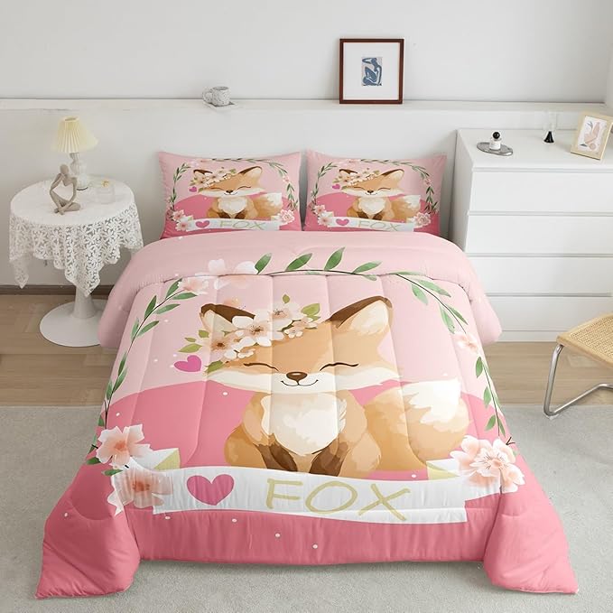 Feelyou Girls Cartoon Fox Comforter Set Cute Fox Bedding Set for Kids Boys Girls Kawaii Animal Duvet Set Botanical Floral Comforter 1 Comforter Set with 2 Pillowcases Full Size