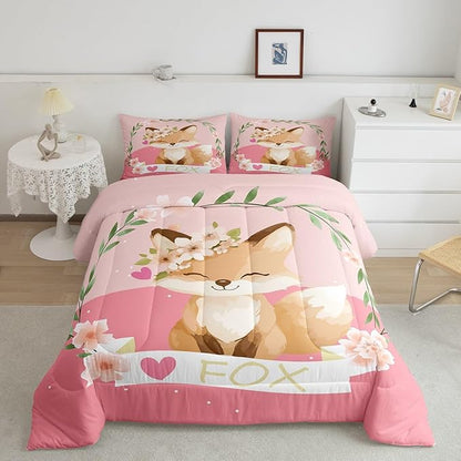 Feelyou Girls Cartoon Fox Comforter Set Cute Fox Bedding Set for Kids Boys Girls Kawaii Animal Duvet Set Botanical Floral Comforter 1 Comforter Set with 2 Pillowcases Full Size