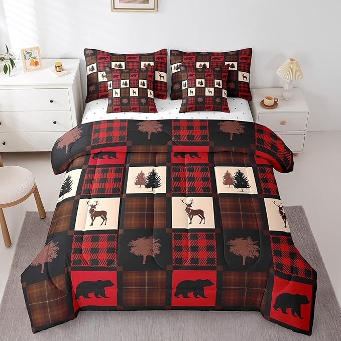 Erosebridal 7 Pcs Cabin Deer Comforter Set Twin Size,Hunting Deer Bed in a Bag with Flat Fitted Sheet for Kids and Adults,Camping Woodland Plaid Bedding Set with Pillowcases and Cushion Cases