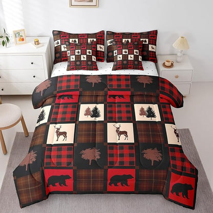 Erosebridal 7 Pcs Cabin Deer Comforter Set Twin Size,Hunting Deer Bed in a Bag with Flat Fitted Sheet for Kids and Adults,Camping Woodland Plaid Bedding Set with Pillowcases and Cushion Cases