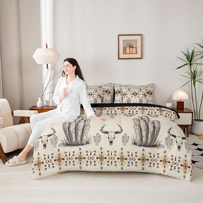 Erosebridal Western Aztec Bedding Set Full Rustic Country Southwestern Comforter Set 7 Piece Boho Tribal Geometric Ethnic Bed in A Bag for Men Vintage Cactus Bull Skull Quilt with Flat Fitted Sheet