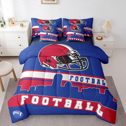 Erosebridal Football City 7 Pcs Comforter Set Queen Football Bedding for Boys Girls Blue Red Rugby Game Sheet Set Bed in A Bag Football Fans Room Decor Sports Ball Team Bed Set