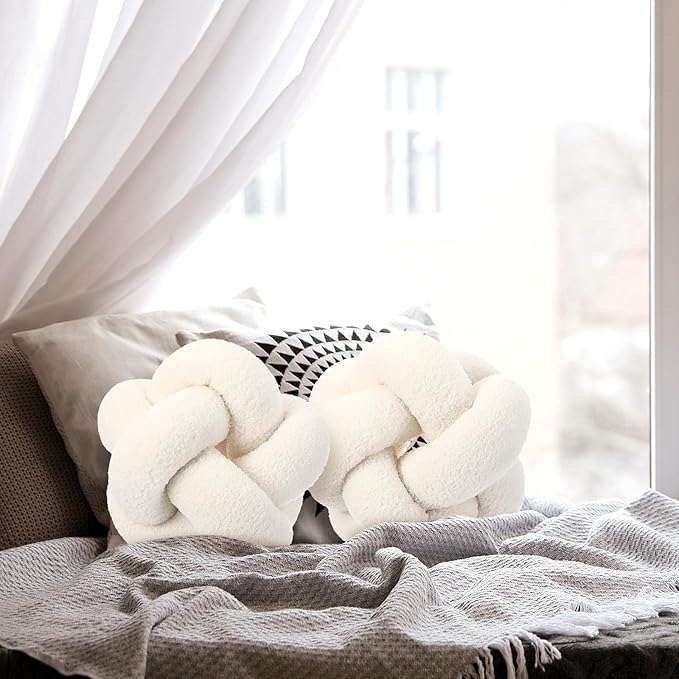 2 Pcs Knot Pillow Balls, 12 Inch Soft Home Decorative Round Stylish Throw Pillow Cute Handmade Knotted Aesthetic Ivory Circle Pillows for Living Room Couch Sofa Decor (White)