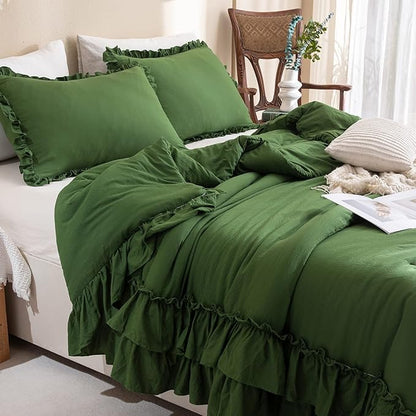 Masaca Olive Green Ruffled Comforter King Size,Farmhouse Shabby Boho Chic King Bed Comforters Vintage Rustic Bedding Ultra Soft 3PCS (1 Ruffle Comforter and 2 Pillowcases)