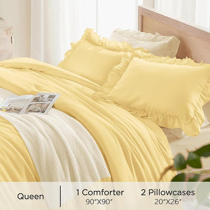 Andency Yellow Ruffle Comforter Queen(90x90Inch), 3 Pieces(1 Ruffled Comforter and 2 Pillowcases) Solid Farmhouse Shabby Chic Bed, Vintage Rustic Soft Microfiber Bedding Set