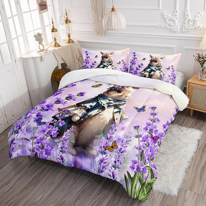 Lavender Rabbit Comforter Queen Kids Rabbit Bedding Set Cute Bunny Quilt Bed Set Bedroom Decor Includes 1 Comforter, 2 Pillowcases for Girls Boys Teens