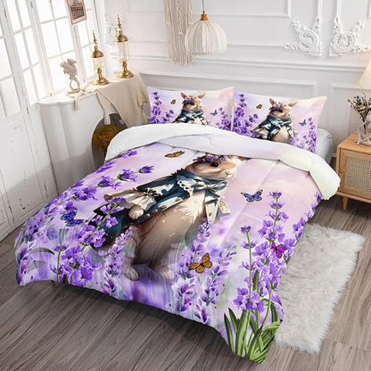Lavender Rabbit Comforter Queen Kids Rabbit Bedding Set Cute Bunny Quilt Bed Set Bedroom Decor Includes 1 Comforter, 2 Pillowcases for Girls Boys Teens