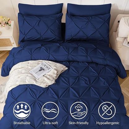 JOLLYVOGUE King Size Comforter Set 7 Pieces - Bed in a Bag King for All Season, Pintuck Bedding Comforter Sets with Comforter, Flat Sheet, Fitted Sheet and Pillowcases & Shams, Navy
